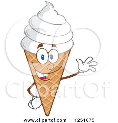 Clipart of a Waving Waffle Ice Cream Cone Character with Vanilla Frozen Yogurt - Royalty Free Vector Illustration by Hit Toon