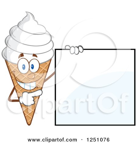 Clipart of a Waffle Ice Cream Cone Character with Vanilla Frozen Yogurt Pointing to a Blank Sign - Royalty Free Vector Illustration by Hit Toon