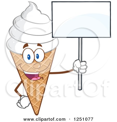 Clipart of a Waffle Ice Cream Cone Character with Vanilla Frozen Yogurt Holding up a Blank Sign - Royalty Free Vector Illustration by Hit Toon