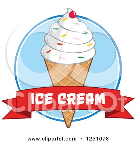 Clipart of a Waffle Ice Cream Cone with Vanilla Frozen Yogurt and a Text on a Banner - Royalty Free Vector Illustration by Hit Toon