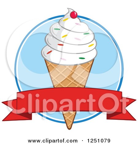 Clipart of a Waffle Ice Cream Cone with Vanilla Frozen Yogurt and a Red Banner - Royalty Free Vector Illustration by Hit Toon