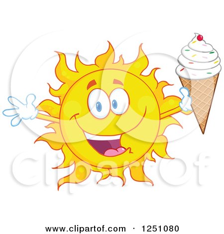 Clipart of a Happy Sun Holding up a Waffle Ice Cream Cone with Sprinkles - Royalty Free Vector Illustration by Hit Toon