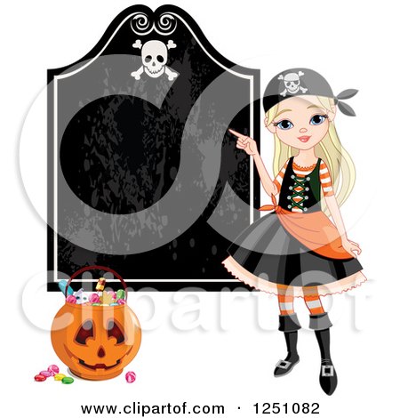 Clipart of a Blond Pirate Girl Pointing to a Halloween Sign - Royalty Free Vector Illustration by Pushkin