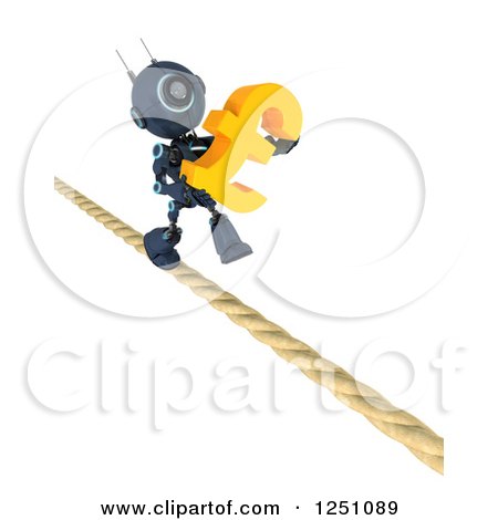 Clipart of a 3d Blue Android Robot Carrying a Pound Sterling Symbol on a Tight Rope - Royalty Free Illustration by KJ Pargeter