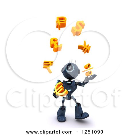 Clipart of a 3d Blue Android Robot Juggling Currency Symbols - Royalty Free Illustration by KJ Pargeter