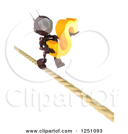 Clipart of a 3d Red Android Robot Carrying a Dollar Symbol on a Tight Rope - Royalty Free Illustration by KJ Pargeter