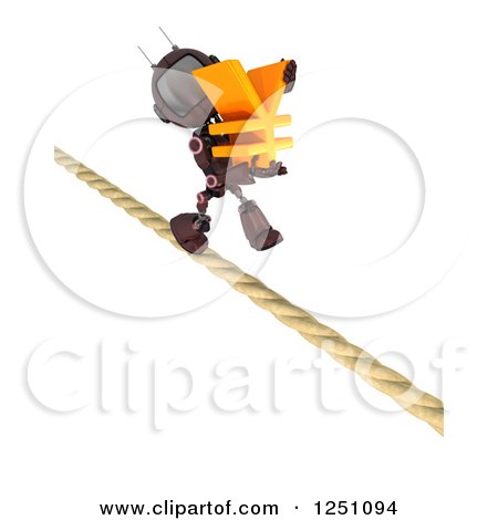 Clipart of a 3d Red Android Robot Carrying a Yen Symbol on a Tight Rope - Royalty Free Illustration by KJ Pargeter