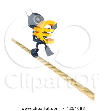Clipart of a 3d Blue Android Robot Carrying a Euro Symbol on a Tight Rope - Royalty Free Illustration by KJ Pargeter