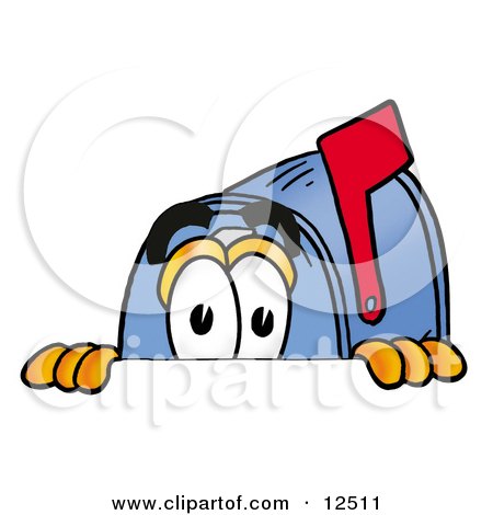 Clipart Picture of a Blue Postal Mailbox Cartoon Character Peeking Over a Surface by Mascot Junction