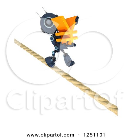 Clipart of a 3d Blue Android Robot Carrying a Yen Symbol on a Tight Rope - Royalty Free Illustration by KJ Pargeter