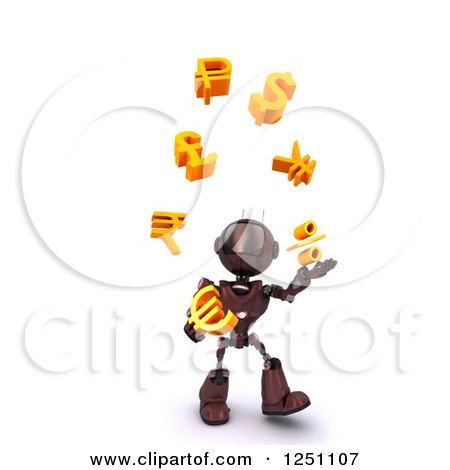 Clipart of a 3d Red Android Robot Juggling Currency Symbols - Royalty Free Illustration by KJ Pargeter