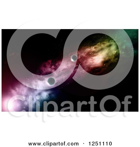 Clipart of 3d Fictional Planets and Rainbow Colored Light in Outer Space - Royalty Free Illustration by KJ Pargeter