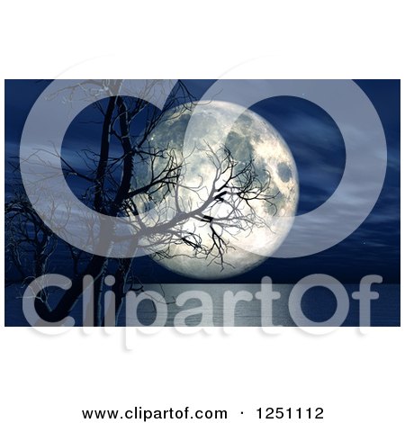Clipart of a 3d Dead Tree over a Lake and Full Moon at Night - Royalty Free Illustration by KJ Pargeter