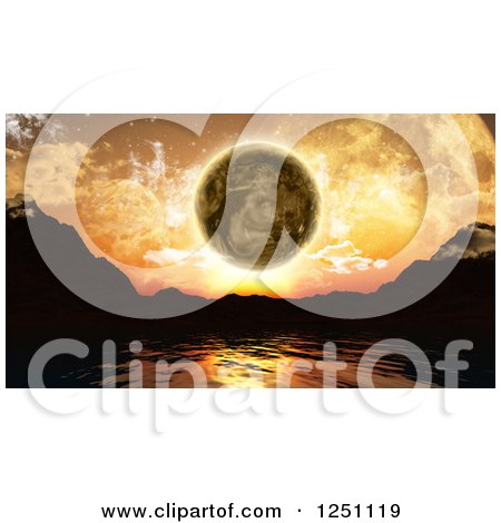 Clipart of a 3d Alien Lake with a Hovering Planet and Sunset - Royalty Free Illustration by KJ Pargeter