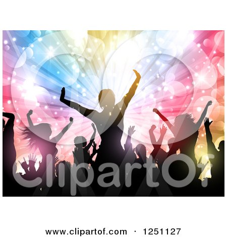 Clipart of a Crowd Dancing at a Party over Colorful Lights and Flares - Royalty Free Vector Illustration by KJ Pargeter