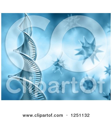 Clipart of a 3d Dna Strand with Viruses in Blue - Royalty Free Illustration by KJ Pargeter
