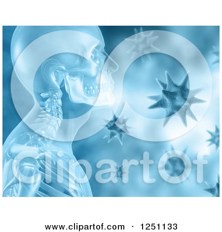 Clipart of a 3d X Ray of a Man and Viruses in Blue - Royalty Free Illustration by KJ Pargeter