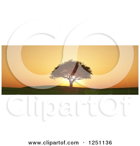 Clipart of a 3d Lone Tree on a Hill Against an Orange Sunset - Royalty Free Illustration by KJ Pargeter