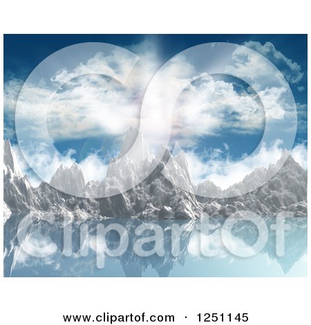 Clipart of a Cloud and Sunny Sky over a Mountain Range and Lake - Royalty Free Illustration by KJ Pargeter