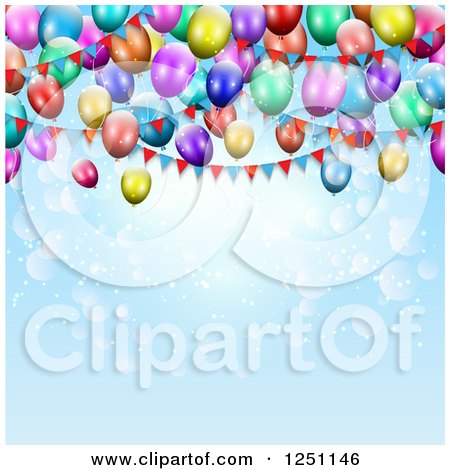 Clipart of a Blue Flare Party Background with 3d Colorful Balloons and Bunting Banners - Royalty Free Vector Illustration by KJ Pargeter
