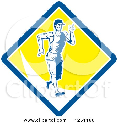 Clipart of a Retro Male Walkathon Man in a Blue White and Yellow Diamond - Royalty Free Vector Illustration by patrimonio