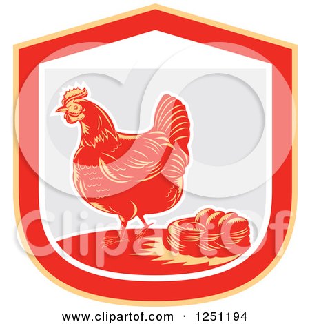 Clipart of a Retro Woodcut Hen and Chicken Eggs in a Nest in a Gray and Red Shield - Royalty Free Vector Illustration by patrimonio
