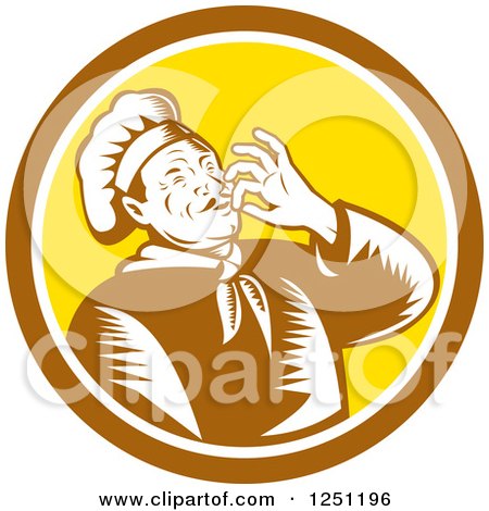 Clipart of a Retro Woodcut Male Chef Kissing His Hands in a Brown and Yellow Circle - Royalty Free Vector Illustration by patrimonio