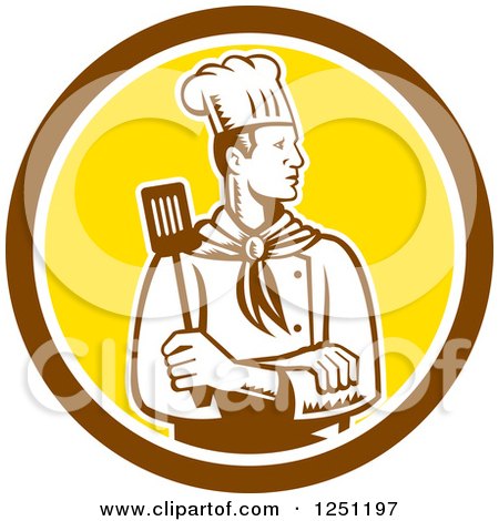 Clipart of a Retro Woodcut Male Chef with a Spatula in a Brown and Yellow Circle - Royalty Free Vector Illustration by patrimonio