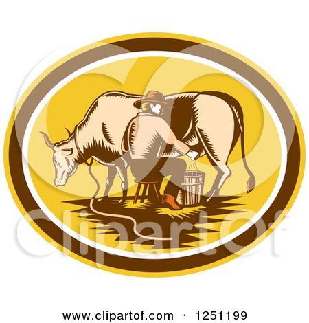 Clipart of a Retro Woodcut Male Fermer Milking a Cow in a Yellow and Brown Oval - Royalty Free Vector Illustration by patrimonio