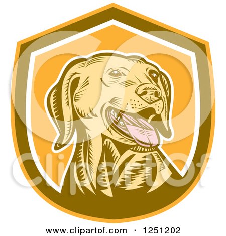 Clipart of a Retro Woodcut Yellow Labrador Retriever Dog in a Brown and Orange Shield - Royalty Free Vector Illustration by patrimonio