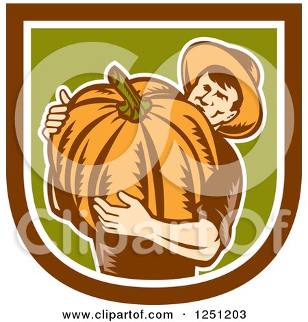 Clipart of a Retro Male Farmer Carrying a Giant Pumpkin in a Brown White and Green Shield - Royalty Free Vector Illustration by patrimonio
