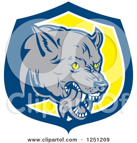 Clipart of an Angry Wolf in a Blue and Yellow Shield - Royalty Free Vector Illustration by patrimonio