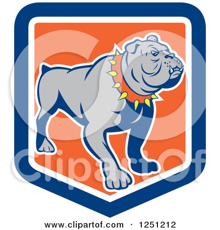 Clipart of a Guard Bulldog with a Spiked Collar in a Blue and Orange Shield - Royalty Free Vector Illustration by patrimonio