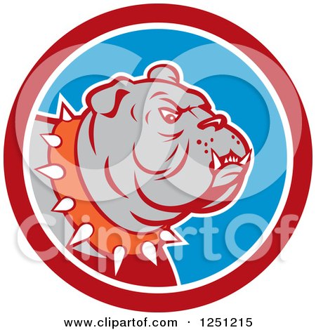 Clipart of a Guard Bulldog with a Spiked Collar in a Red and Blue Circle - Royalty Free Vector Illustration by patrimonio