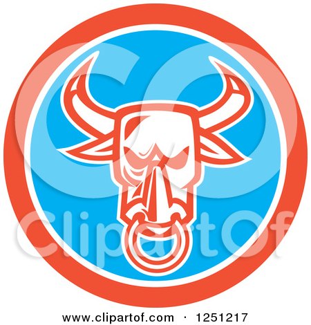 Clipart of a Retro Angry Bull with a Nose Ring in a Blue and Red Circle - Royalty Free Vector Illustration by patrimonio