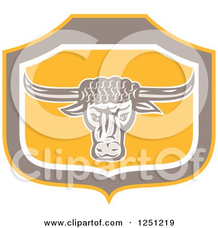 Clipart of a Retro Angry Bull in a Taupe and Yellow Shield - Royalty Free Vector Illustration by patrimonio