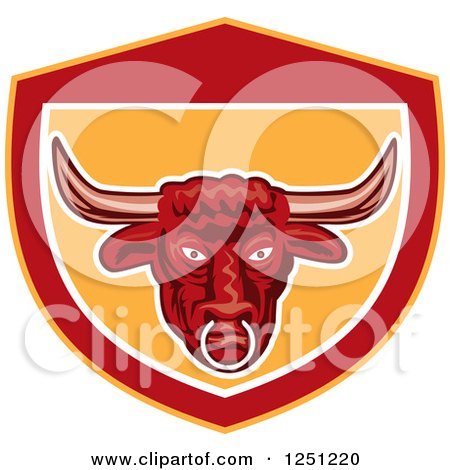 Clipart of a Retro Angry Red Bull in a Red and Yellow Shield - Royalty Free Vector Illustration by patrimonio