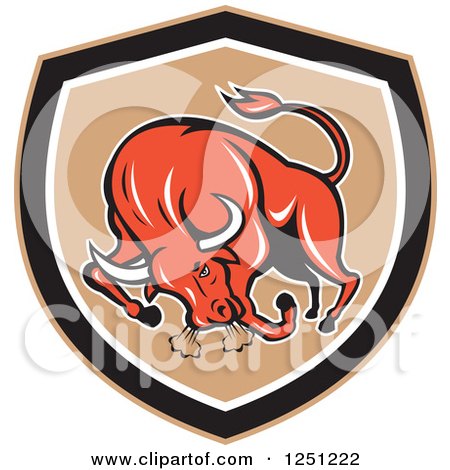 Clipart of a Retro Red Angry Bull Charging in a Tan and Black Shield - Royalty Free Vector Illustration by patrimonio