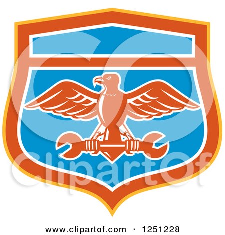 Clipart of a Retro Eagle Flying with a Spanner Wrench in a Blue Red Orange and White Shield - Royalty Free Vector Illustration by patrimonio