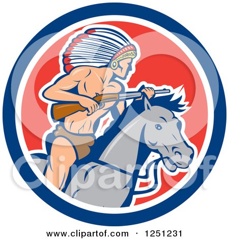 Clipart of a Cartoon Native American Indian Chief with a Rifle on Horseback in a Circle - Royalty Free Vector Illustration by patrimonio