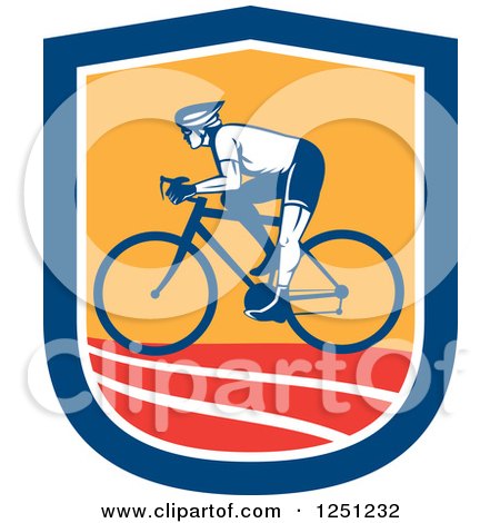 Clipart of a Retro Cyclist Man in a Blue White Orange and Red Shield - Royalty Free Vector Illustration by patrimonio