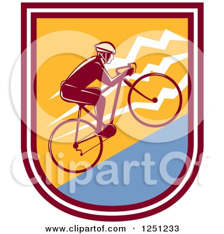 Clipart of a Retro Cyclist Man Riding Uphill in a Shield - Royalty Free Vector Illustration by patrimonio