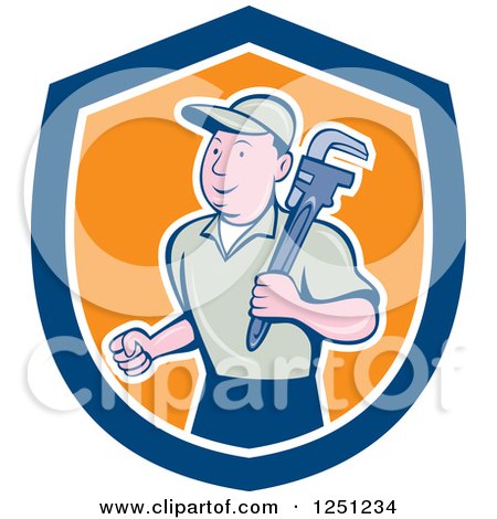 Clipart of a Cartoon Male Plumber with a Monkey Wrench in a Blue White and Orange Shield - Royalty Free Vector Illustration by patrimonio