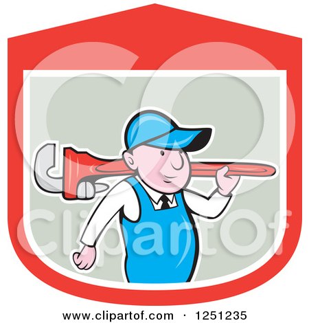 Clipart of a Cartoon Male Plumber Carrying a Giant Monkey Wrench in a Shield - Royalty Free Vector Illustration by patrimonio