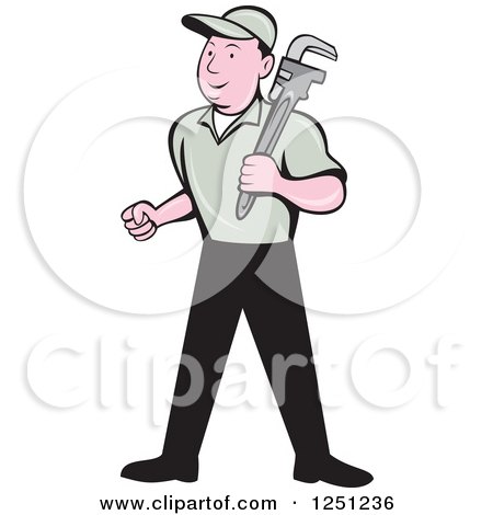 Clipart of a Cartoon Male Plumber with a Monkey Wrench - Royalty Free Vector Illustration by patrimonio