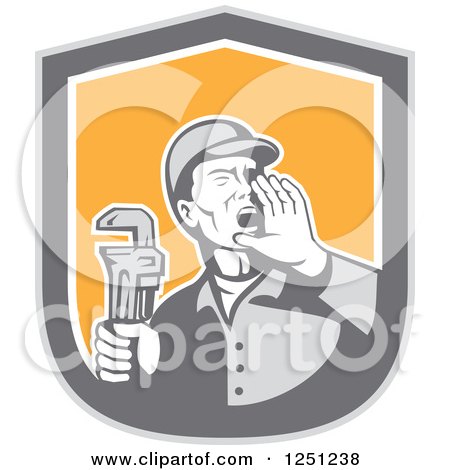Clipart of a Retro Male Plumber Holding a Monkey Wrench and Calling out in a Shield - Royalty Free Vector Illustration by patrimonio