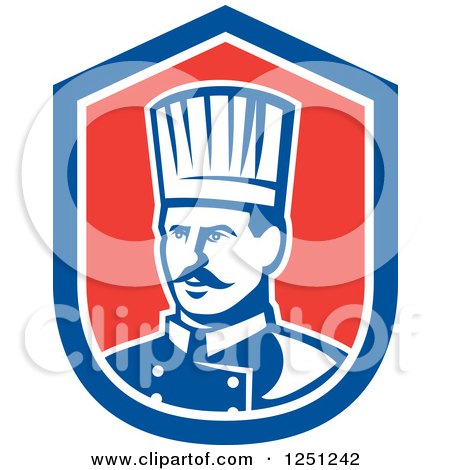 Clipart of a Retro Male Chef in a Red White and Blue Shield - Royalty Free Vector Illustration by patrimonio