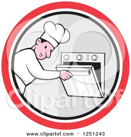 Clipart of a Cartoon Male Chef Opening an Oven in a Circle - Royalty Free Vector Illustration by patrimonio