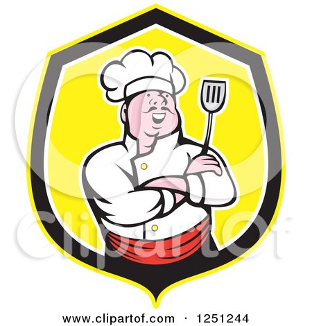 Clipart of a Laughing Asian Male Chef Holding a Spatula in a Yellow and Black Shield - Royalty Free Vector Illustration by patrimonio
