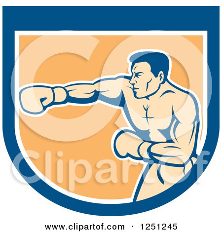 Clipart of a Retro Male Boxer Punching in a Blue White and Orange Shield - Royalty Free Vector Illustration by patrimonio
